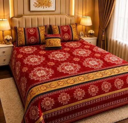 4Pc Velvet Jacquard Bedsheet Set (King Size) styled in luxury bedroom setting