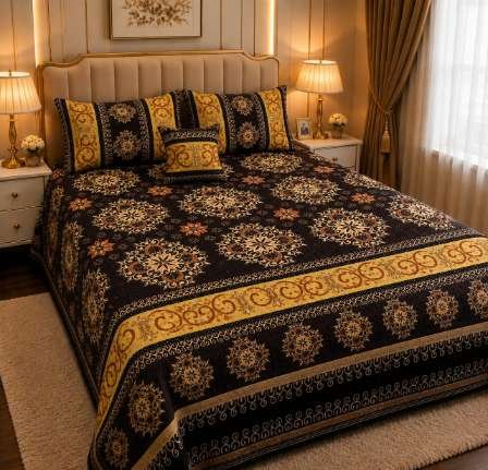 4Pc Velvet Jacquard Bedsheet Set (King Size) styled in luxury bedroom setting