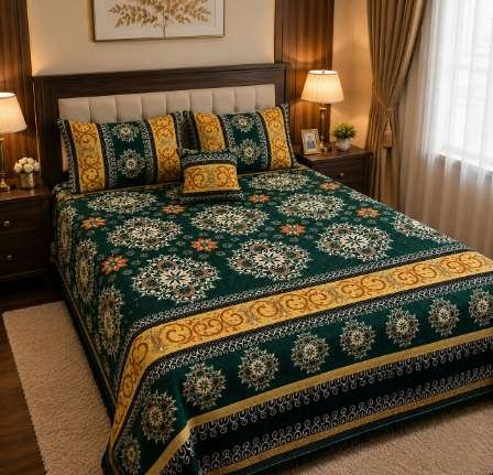 4Pc Velvet Jacquard Bedsheet Set (King Size) styled in luxury bedroom setting